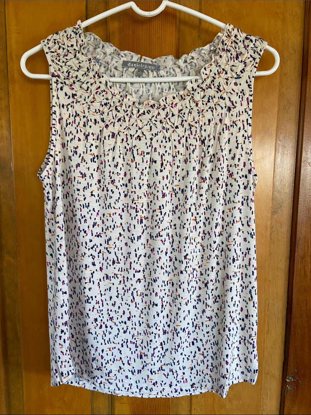 Daniel Rainn Cream Sleeveless Smocked Neck Top with Multicolor Dot Print